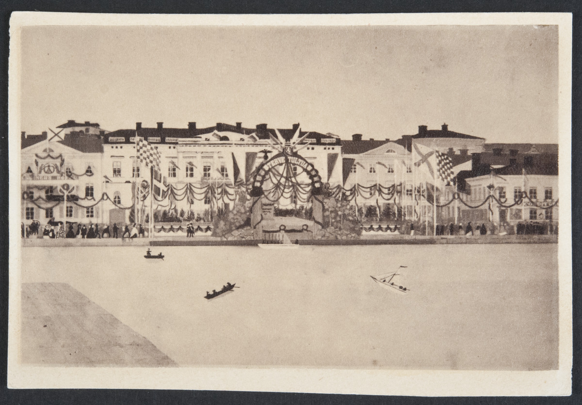 Juhlakoristeltu maihinnousulaituri ja kunniaportti Eteläsatamassa Aleksanteri II:n vierailua varten 28. heinäkuuta 1863, taustalla Pohjoisesplanadin rakennuksia.