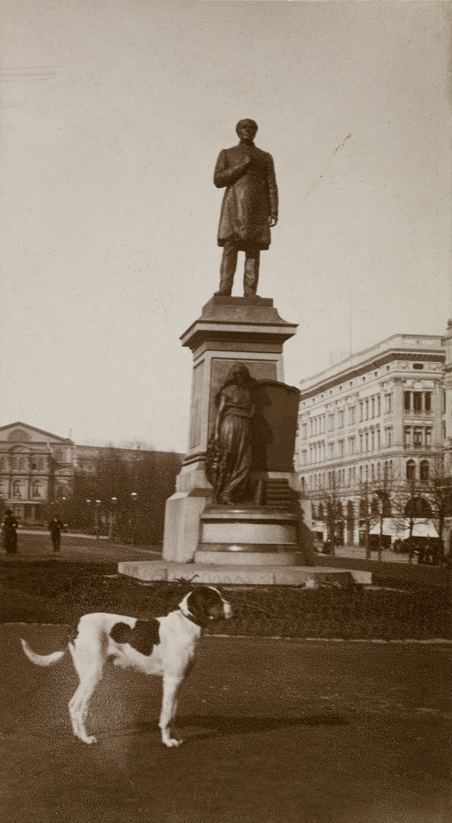Koira Runebergin patsaan edessä Runebergin esplanadilla